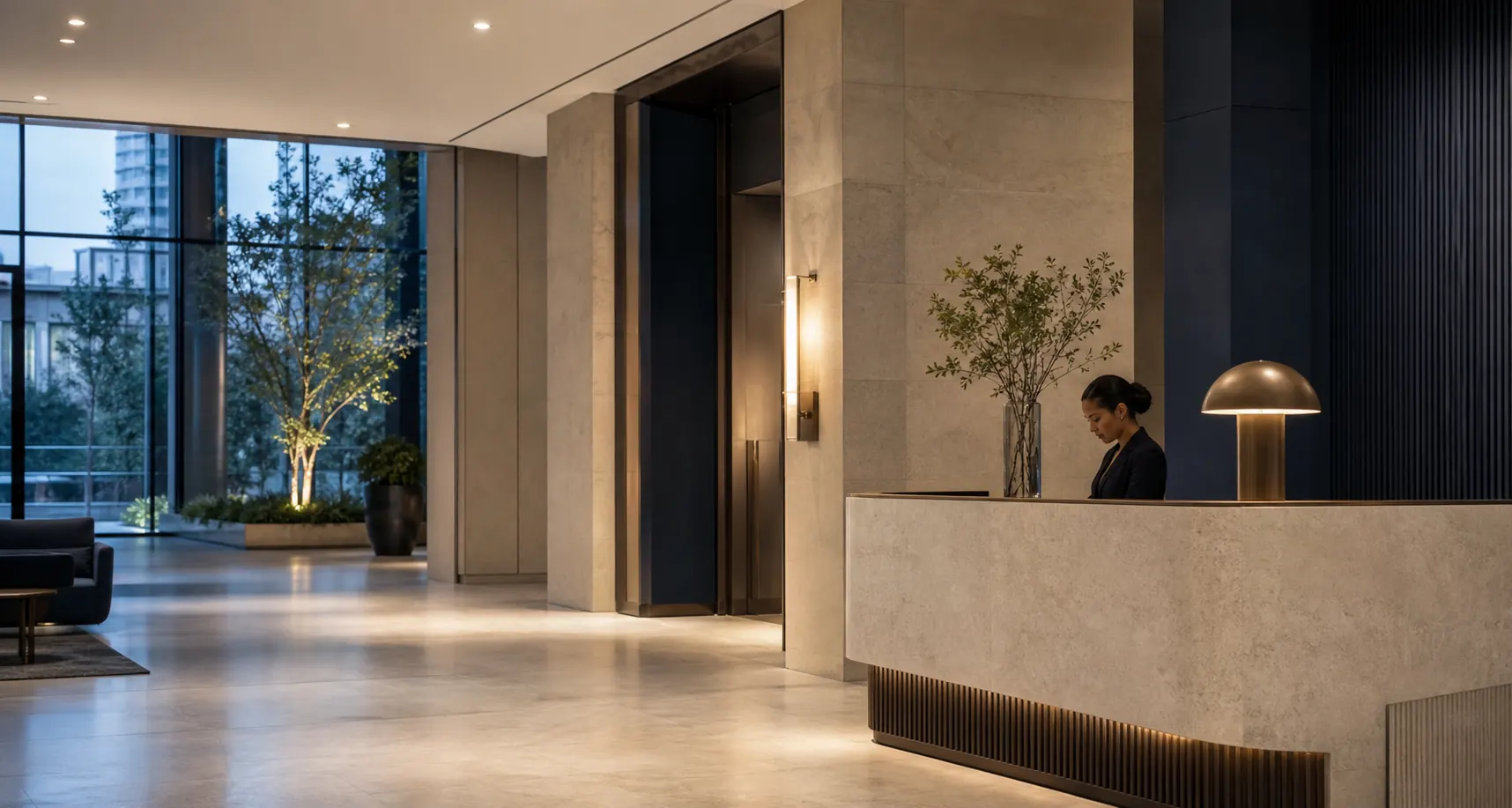 A private concierge welcoming guests in a refined residential lobby