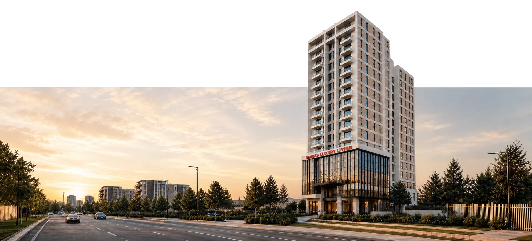 Berga's Luxury Living building on a landscaped boulevard at sunrise